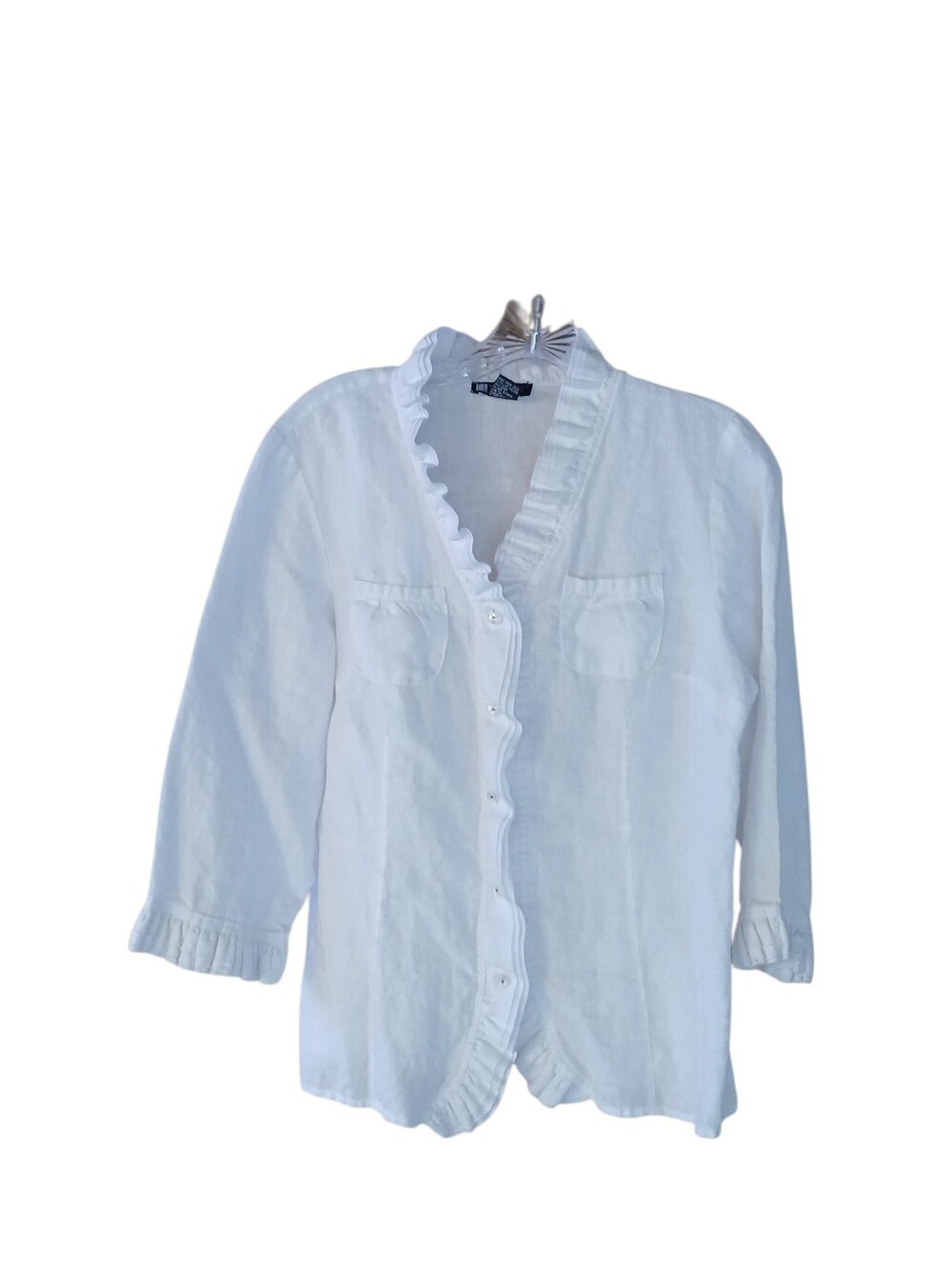 Carole Little White Ruffle Trim Button Down Linen Shirt Medium